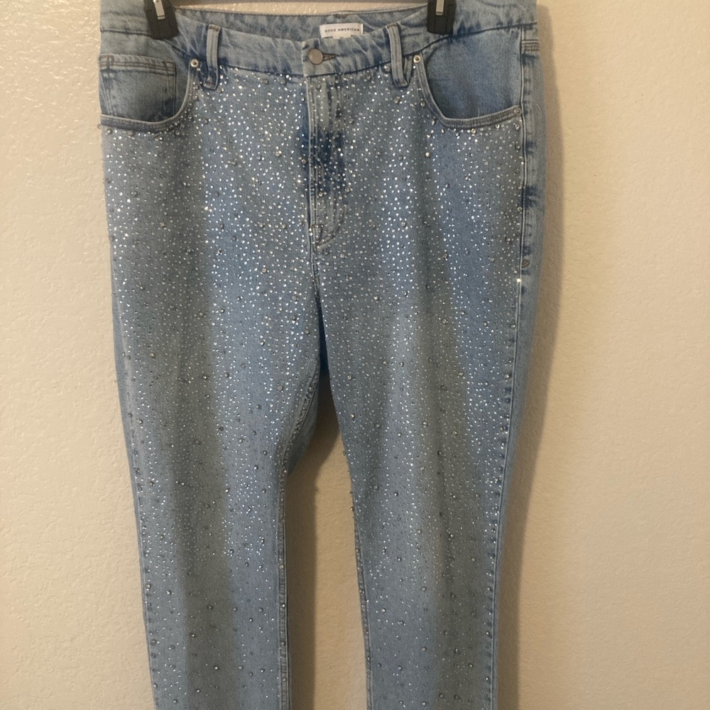 Good American Light Blue straight leg Jeans with heavy Embellishments